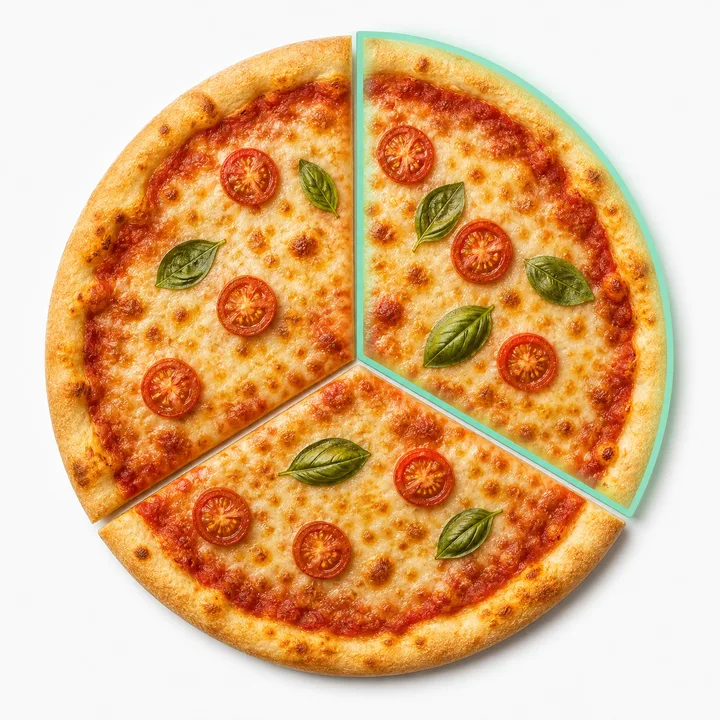 A pizza cut into three equal slices with one third highlighted